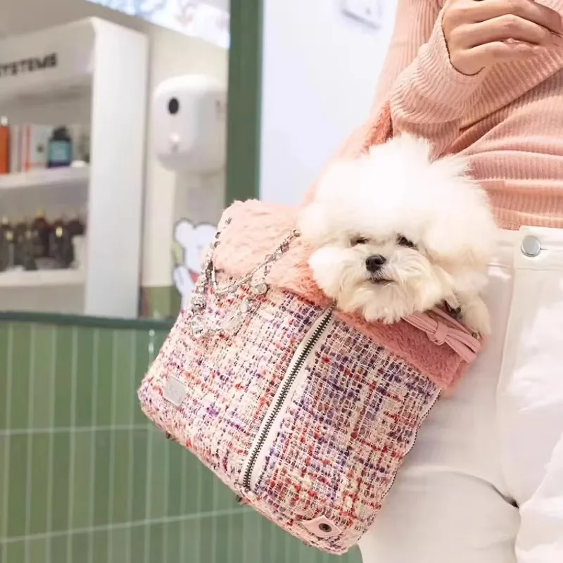 FurStarKorean Style Lightweight Dog Carrier Bag Portable Shoulder Bag For Small Dogs Maltese Fleece-lined Pet Bag
