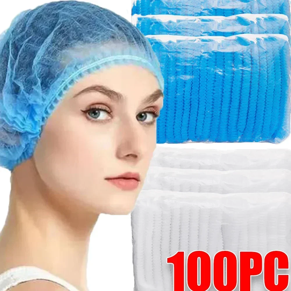 100PCS Non Woven Fabric Head Covers Disposable Stretch Net Hair Hat Bouffant Caps Cooking Dust Strip Hat for Kitchen Bathroom