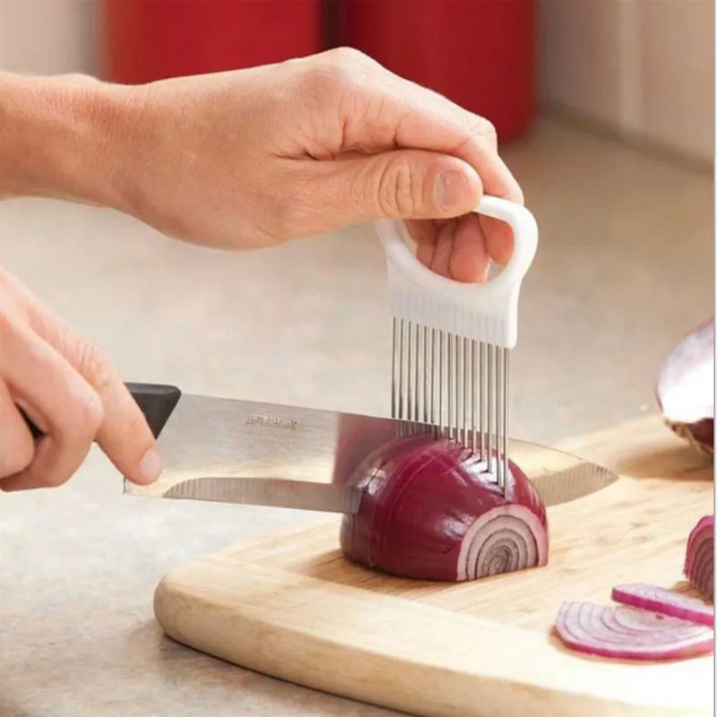 Effortlessly Onion Needle Slicer Kitchen Gadgets Meat Loosening Needle Stainless Steel Potato/Lemon Slice Holder Onion Insert