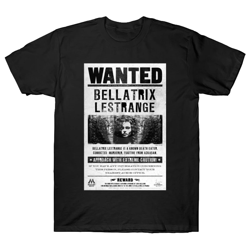 Bellatrix LeStrange Wanted Poster T-shirt Fashion Funny High-Quality Printing Casual Hip Hop Streetwear Tee Shirts