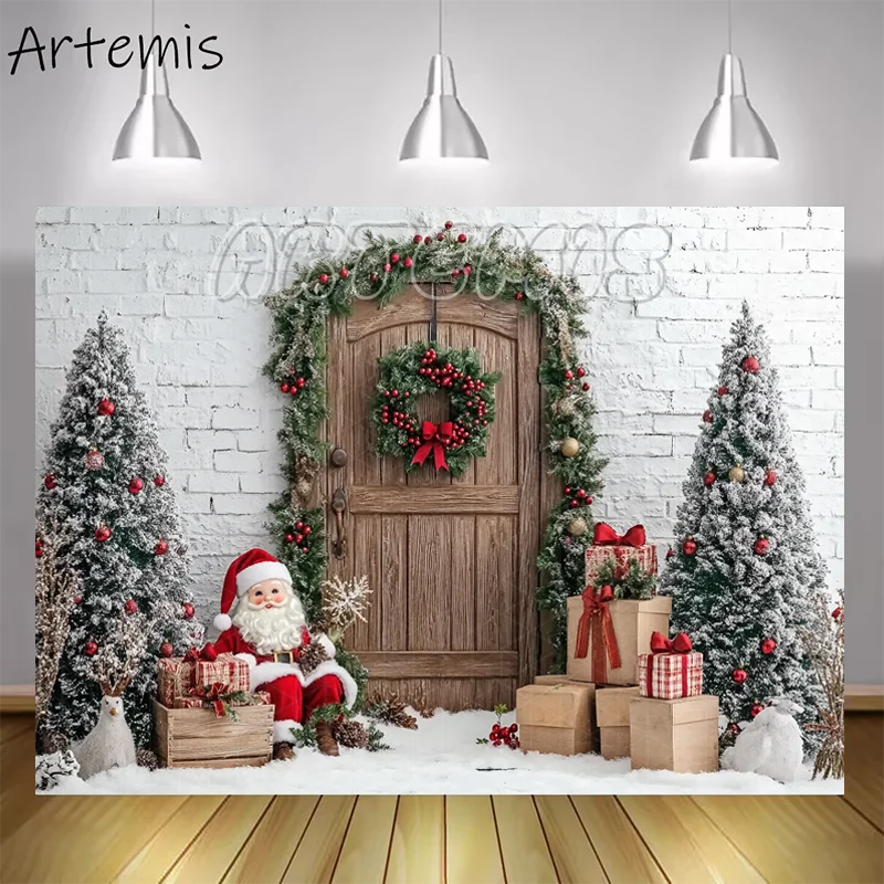 Christmas Winter Arched Wreath Wooden Door Santa Claus Small Pine Trees Gifts White Brick Wall Background Photo Studio Photocall