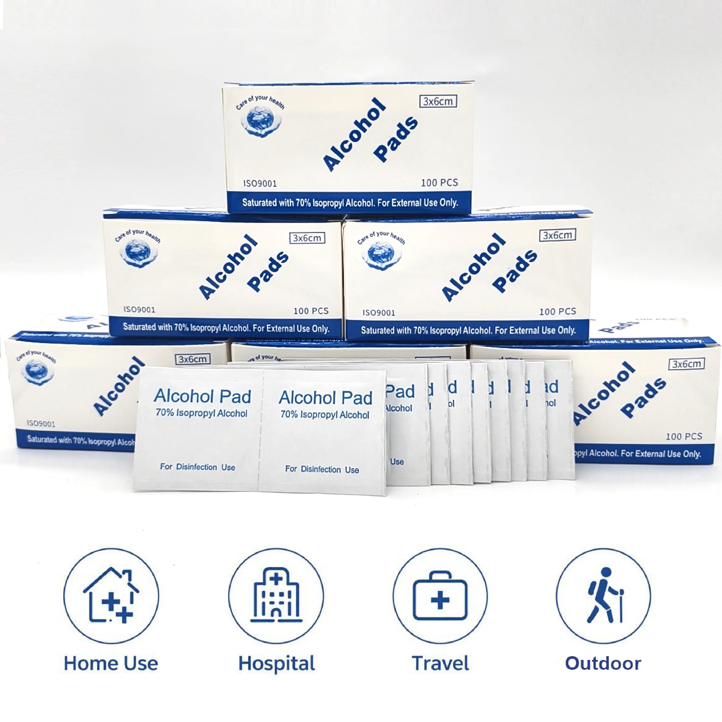 100 tampons désinfectants portables 3x6cm à l'alcool isopropylique, lingettes désinfectantes à 70% d'alcool isopropylique pour le nettoyage antiseptique de la peau