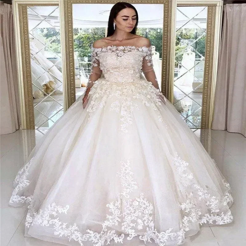 

Customized New 3D Floral Lace Appliques Ball Gown Wedding Dresses Arabic Bateau Long Sleeves Bridal Gowns Sweep Train Vestidos