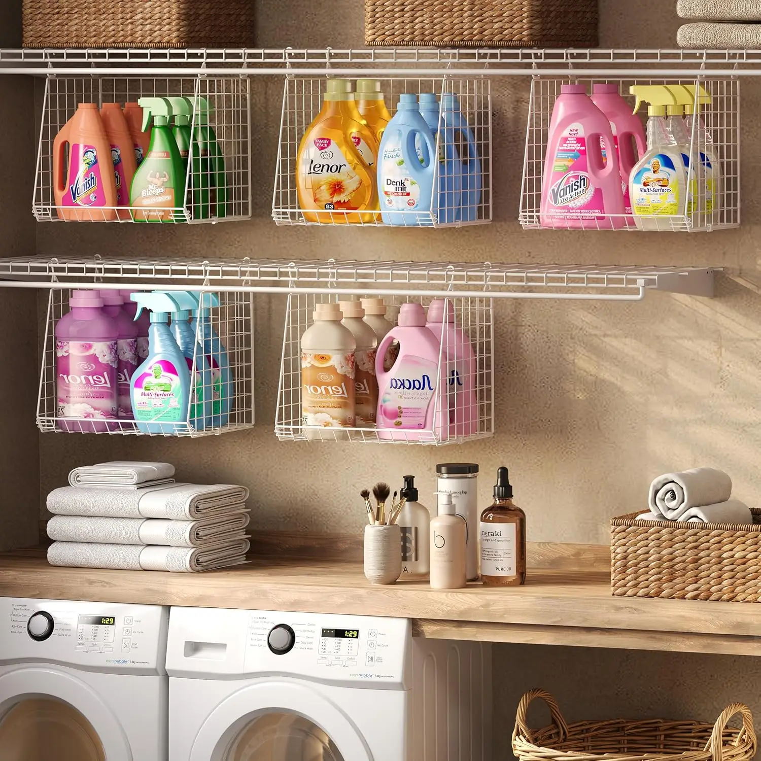 

3 Pack Extra Tall Hanging Laundry Basket Foldable Wire Shelf with Rotating Hooks Space Saving Organizer White