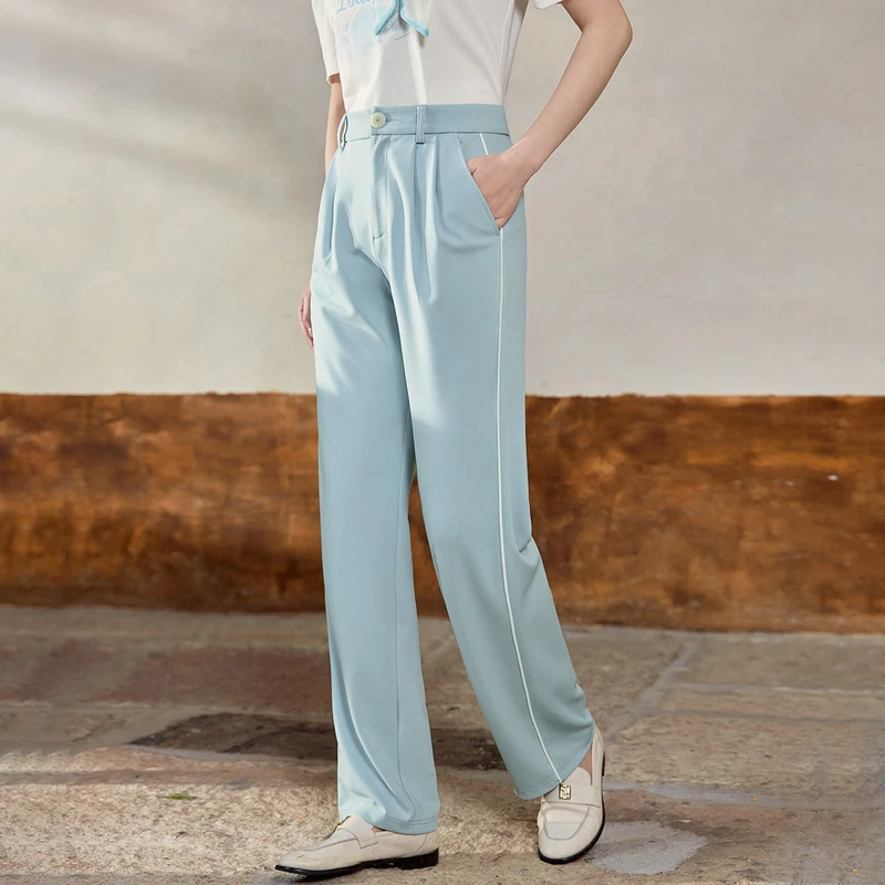 INMAN Women Suit Pants 2023 Summer High Waist Loose Wide-leg Trousers Thin Blue Elegant Casual All-match Pants