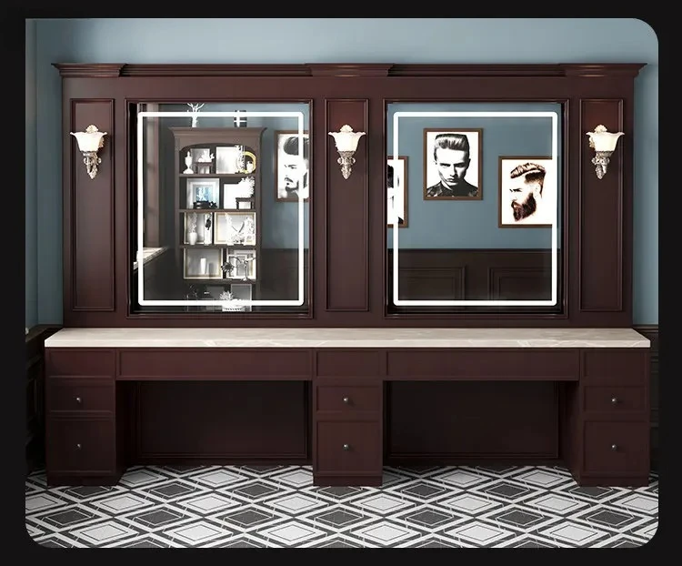Oil Head Salon Barber Shop Mirror with Light Hair Salon Mirror Barber Solid Wood Barber Shop Mirror Cabinet Integrated