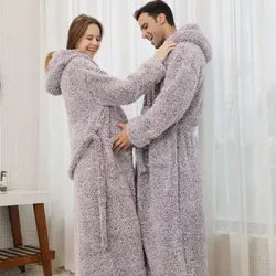 Winter Luxury Double Layer Flannel Men Robe Hooded Nightgown Thick Coral Fleece Belt Botton Super Long Loungewear Loose Bathrobe