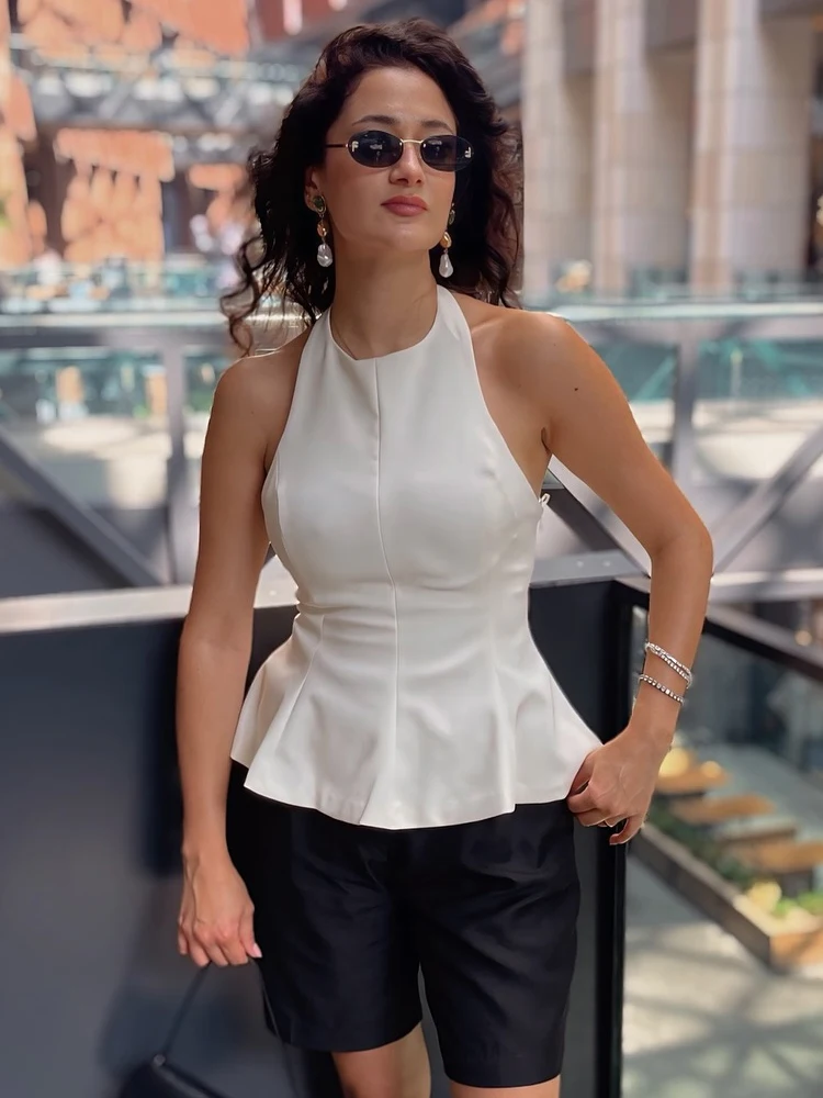 HH Frauen Sommer Neue Feste Hängenden Hals Kragen Ärmelloses 4-Farben-Top Weibliche Sexy Mode Backless Zipper Kurzen Rock Saum top