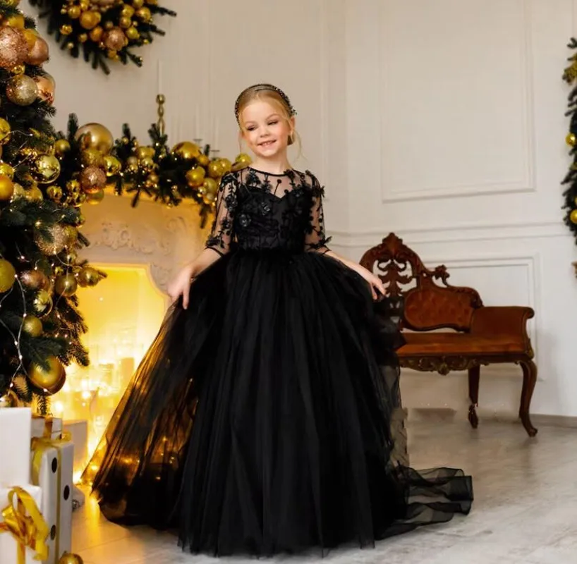 Robe de demoiselle d'honneur en organza de dentelle noire pour mariage, manches longues, dos transparent, robe de fête d'anniversaire pour bébé fille, robe de Noël