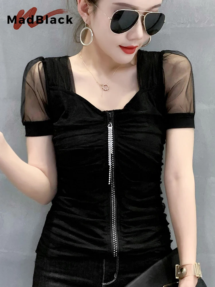 

MadBlack Summer European Clothes Tshirts Women Mesh Patchwork Zipper Slim Sheer Tops Short Sleeves Tees New 2023 T33817X