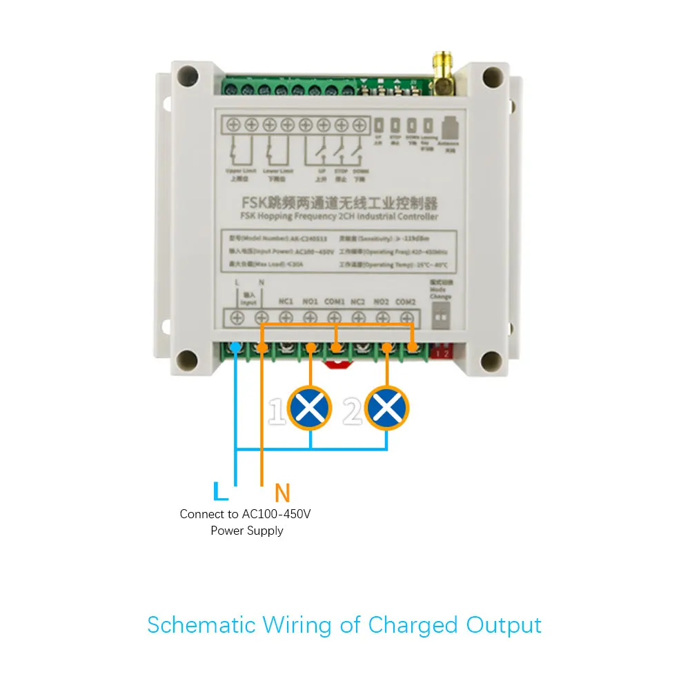 AC 100-450V 433MHz FSK Frequency Hopping  2CH Remote Control Switch for High Power Industrial Lifter Smarthome Light Control