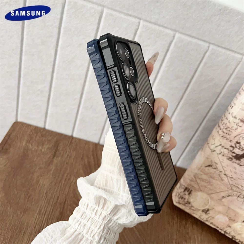 حافظة مغناطيسية شفافة غير لامعة لهاتف سامسونج جالاكسي S25 S24 S23 S22 Ultra Plus حماية لعدسة Magsafe للشحن اللاسلكي غطاء عمودي