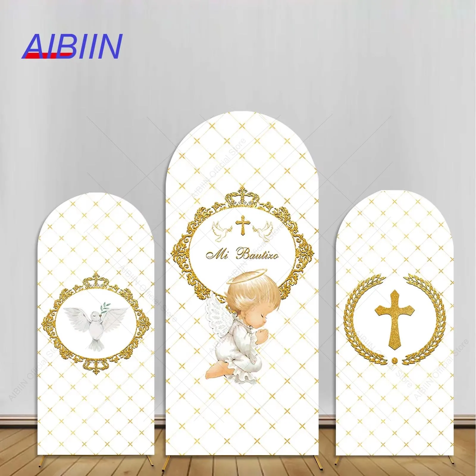 AIBIIN My Baptism Arch Backdrop Cover Gold Cross God Bless Kids Photography Background First Communion Screen Cover Party Decor