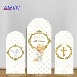 AIBIIN My Baptism Arch Backdrop Cover Gold Cross God Bless Kids Photography Background First Communion Screen Cover Party Decor