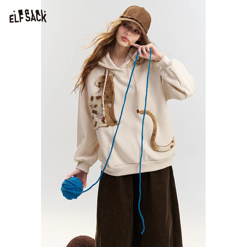 ELFSACK Women's Casual Hoodie with Cat Graphic Print, Cozy Long Sleeve Sweatshirt for Daily Wear, Cute Animal Pattern Top
