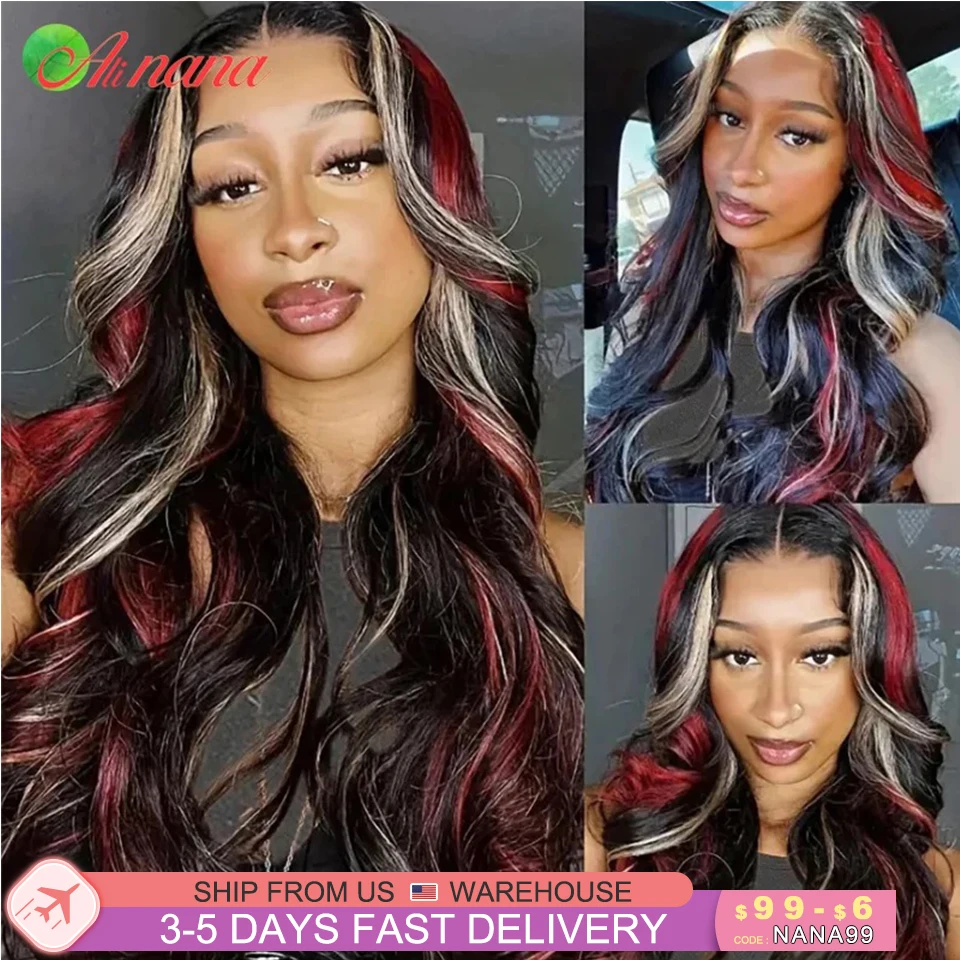 Black Red Blonde Highlights Color 13X4 Lace Front Wig PrePlucked 180% Density Rose Wave Human Hair Wig 3~5 Days Delivery For USA