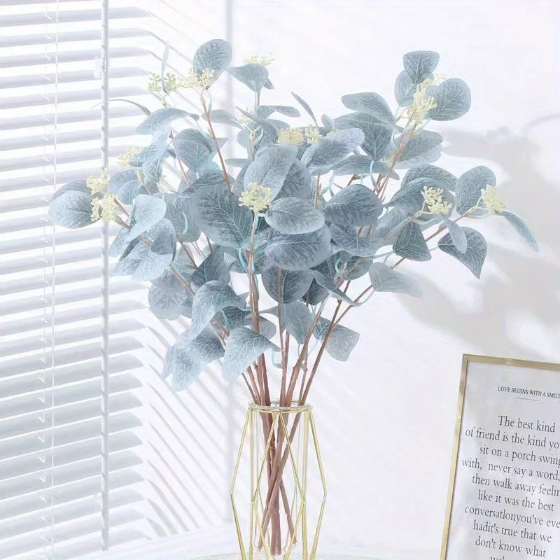 6pcs Faux Eucalyptus Stems- Blue Artificial Greenery Spray with Silver Dollar Seeds for Home Decor, Kitchen, Vase Arrangements