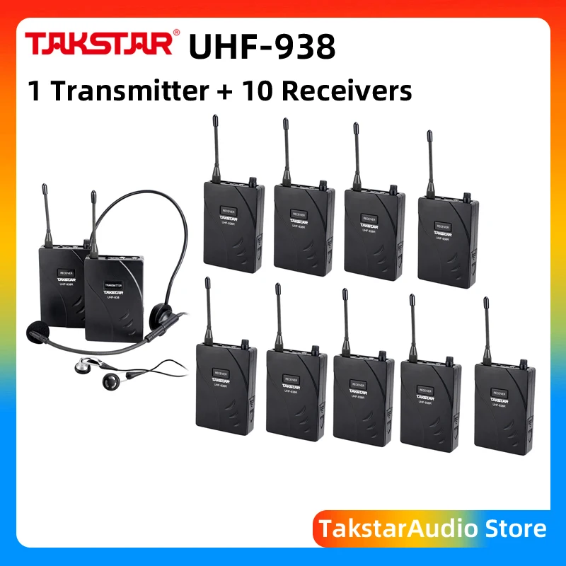 Takstar UHF-938/ UHF 938 UHF frequency Wireless Tour Guide System 50m Operat  Range 1 Transmitter+10 Receivers for Tour guiding