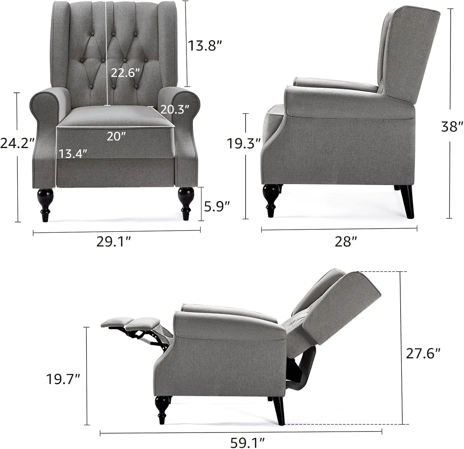 Pushback Recliner Chair, Mid Century Accent Wingback Chairs for Adults, Small Tufted Push Back Club Single Sofa Armchair