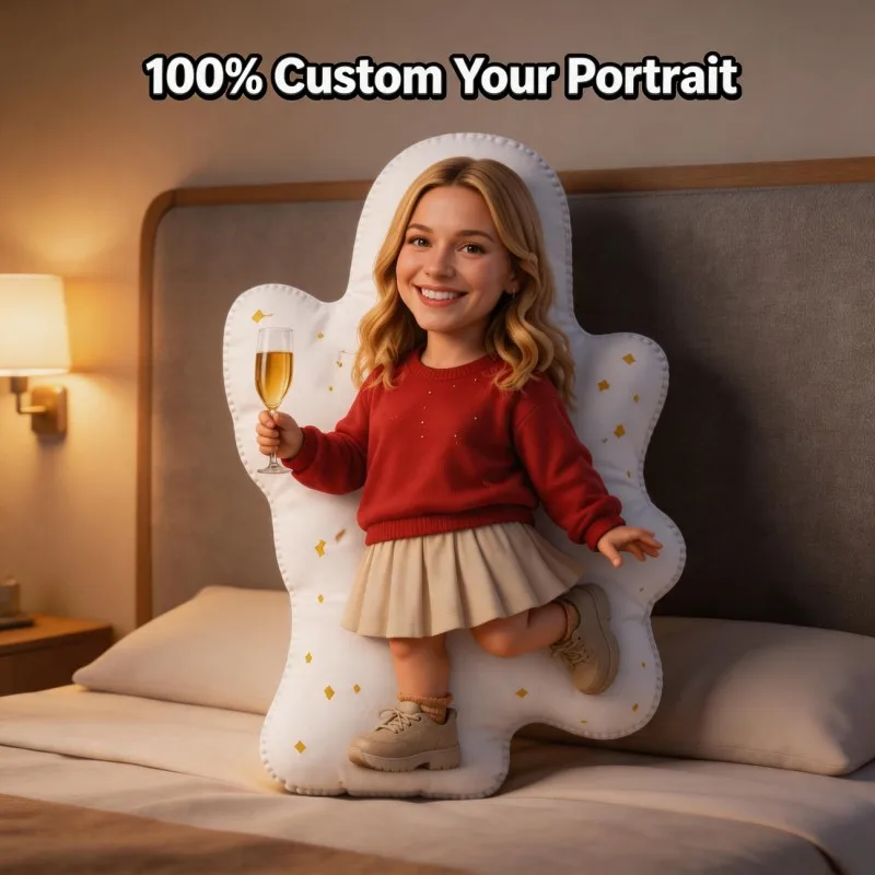 Custom Personalized Photo Shaped Pillow, Smiling in Red Sweater Holding Champagne Glass Decorative Cushion, Unique Home Decor Ac