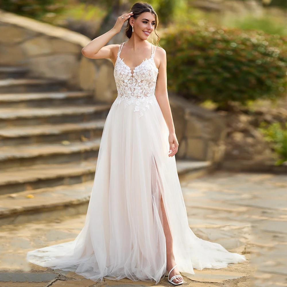 

Bohemian Spaghetti Straps A-Line Wedding Dress with Side Slit Customized Lace Appliques V-Neck Tulle Open Back Bridal Dress