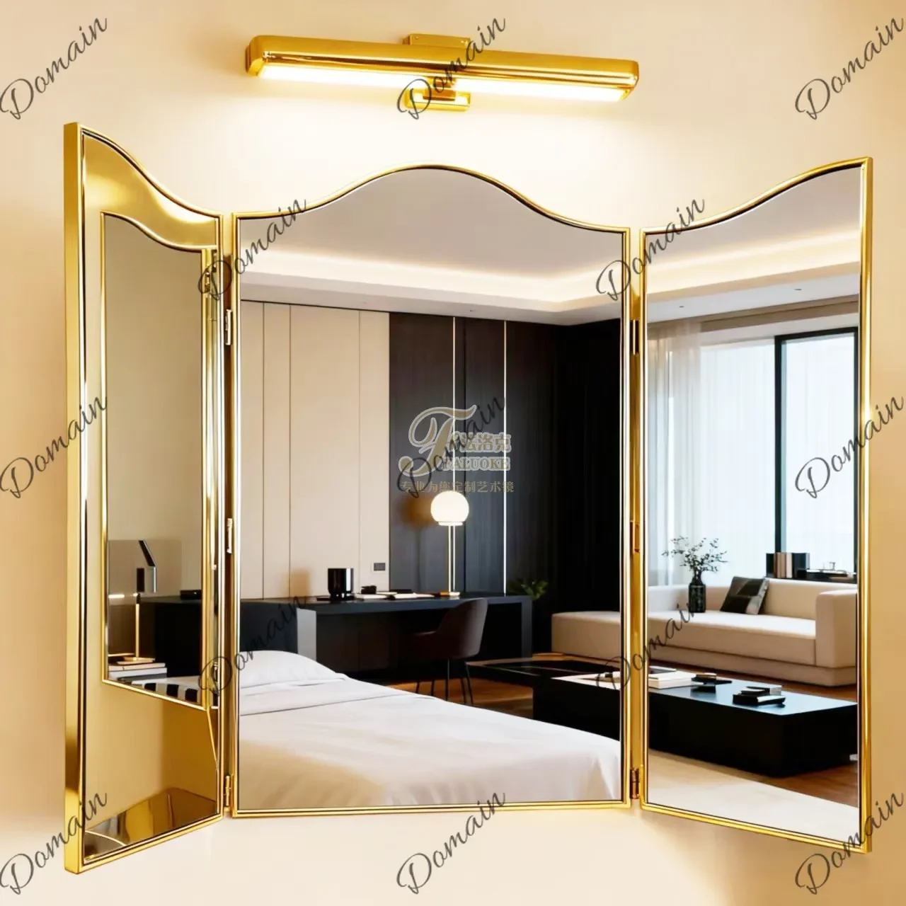 X46 Light Luxury Stainless Steel Three-fold Bathroom Mirror Wall-mounted Folding Desktop Vanity Mirror Famous Decorative Mirror
