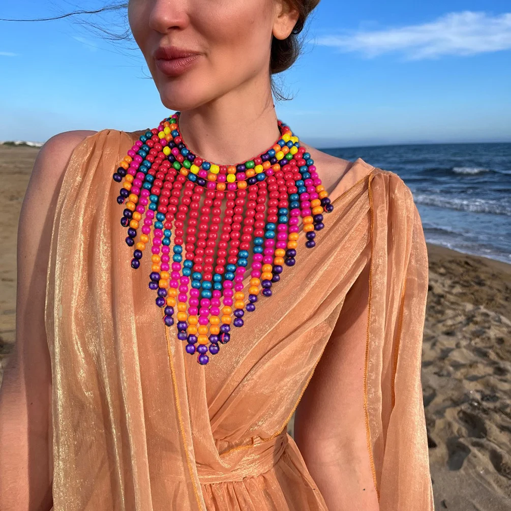 MANILAI Multicolor Wood Beads Necklaces Statement Beach Jewelry Women Wooden Bead Tassel Collar Choker Bohemian Accessories 2023