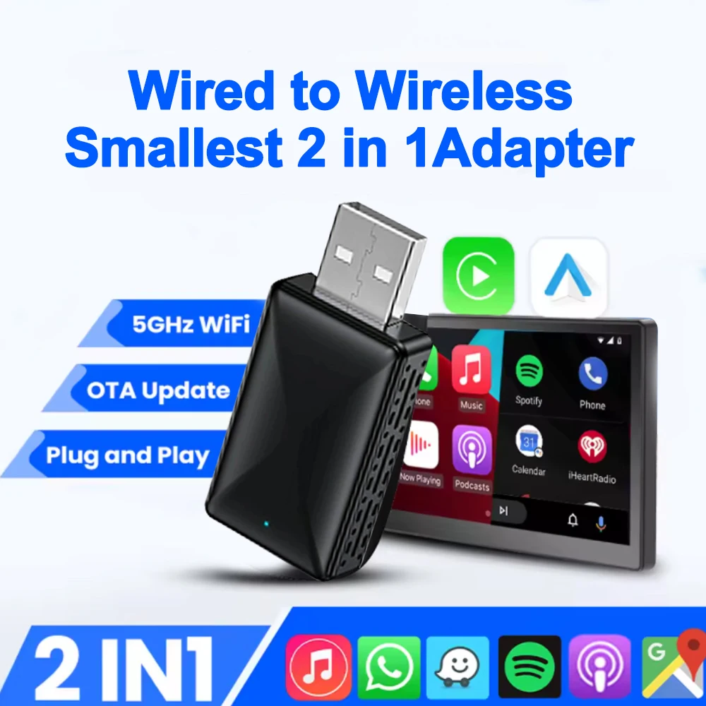 NEW Wired to Wireless Carplay Android Auto 2in1 Mini Adapter Dongle Auto Connect Plug&Play Bluetooth WiFi Universal Mini Box