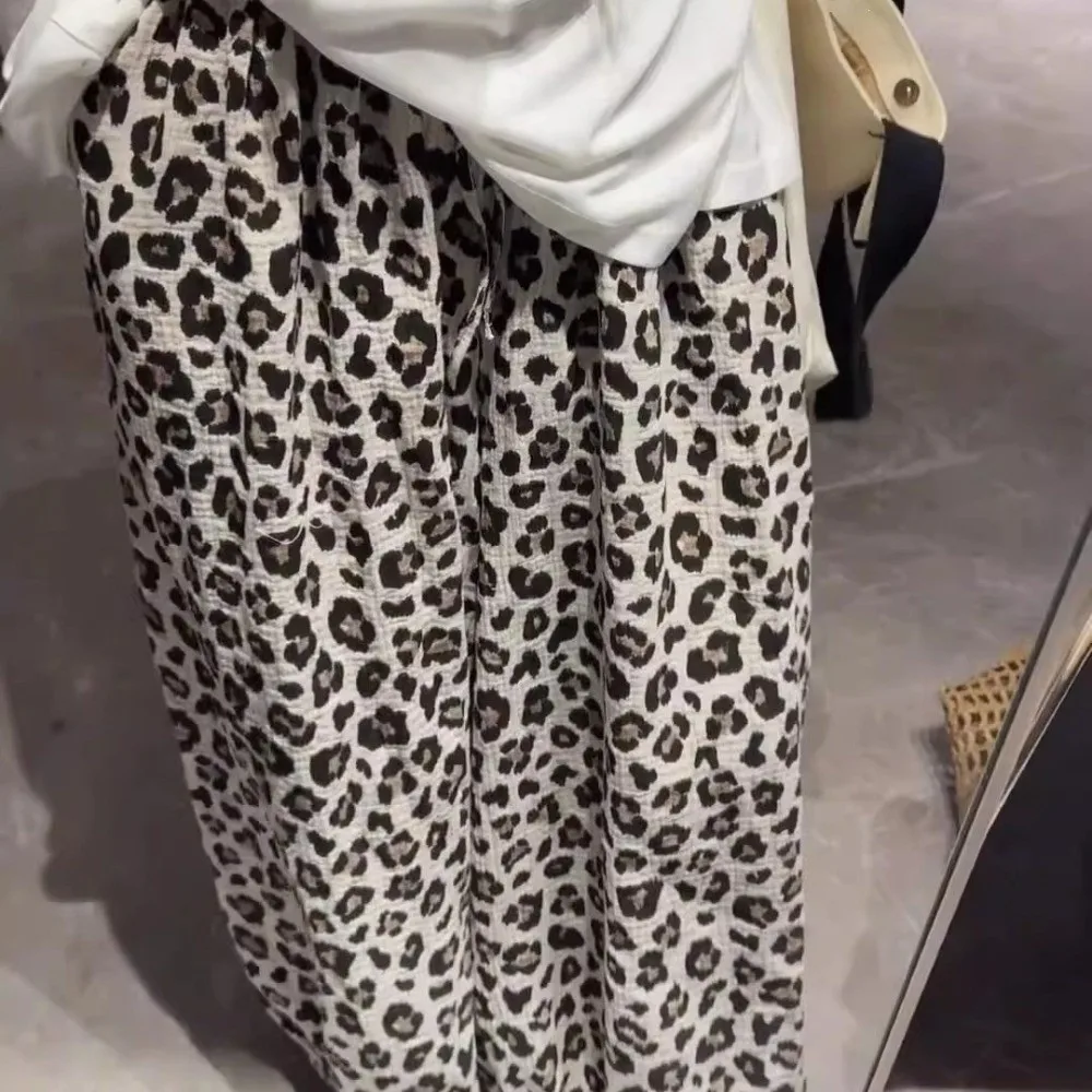 High Waist Leopard Print Pants Elastic Waist Lightweight Cropped Wide Leg Pants Wide Leg Cropped Length Loose Fit Trousers Women