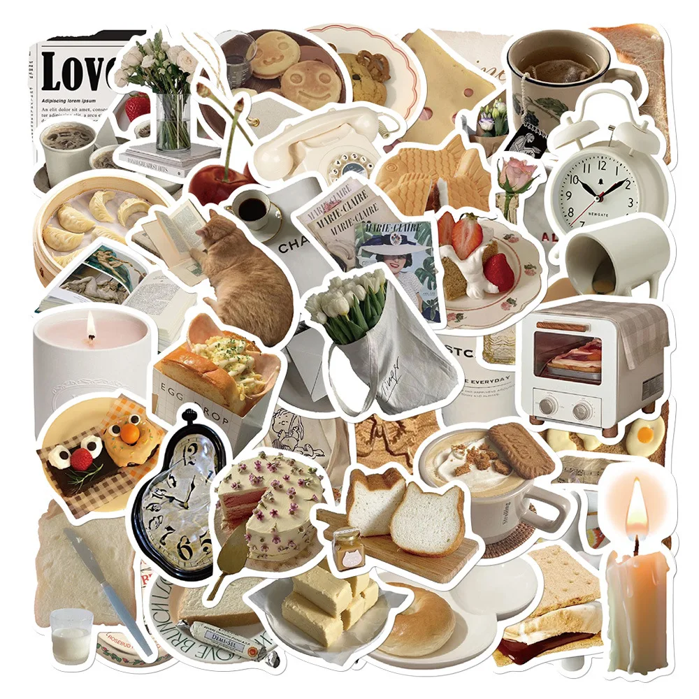 

50PCS Vintage Breakfast Aesthetic Stickers Good Morning Cozy Food Cat Decorative Diary Water Cup Waterproof Stickers Kids Toy