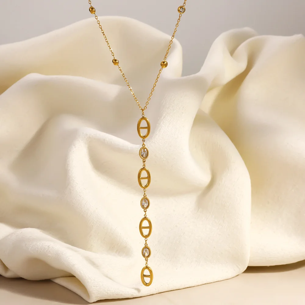 Ars Stainless Steel Y Necklace 18k Gold Plated Pig Nose Pendant Necklace Long Chain Necklaces Zircon Lariat Necklaces for Women