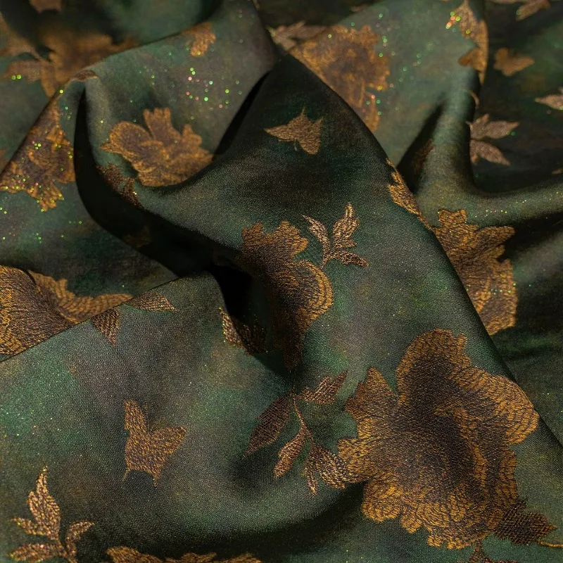 Mulberry Silk Wool Blend Jacquard Fabric Dark Green Modern Chinese Style Luxurious Soft Qipao Vest Skirt Pants DIY Sewing