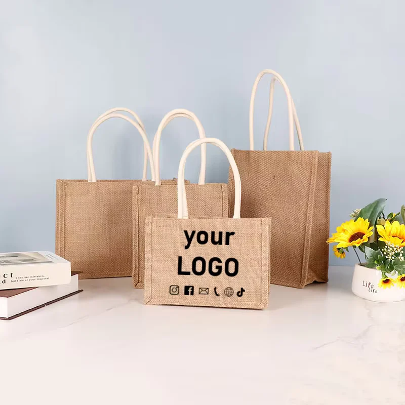 10pcs Burlap Bags Custom Logo Shopping Tote Bag Eco-Friendly Lunch Box Linen Women's DIY Canvas Bag Bag Printed Logo