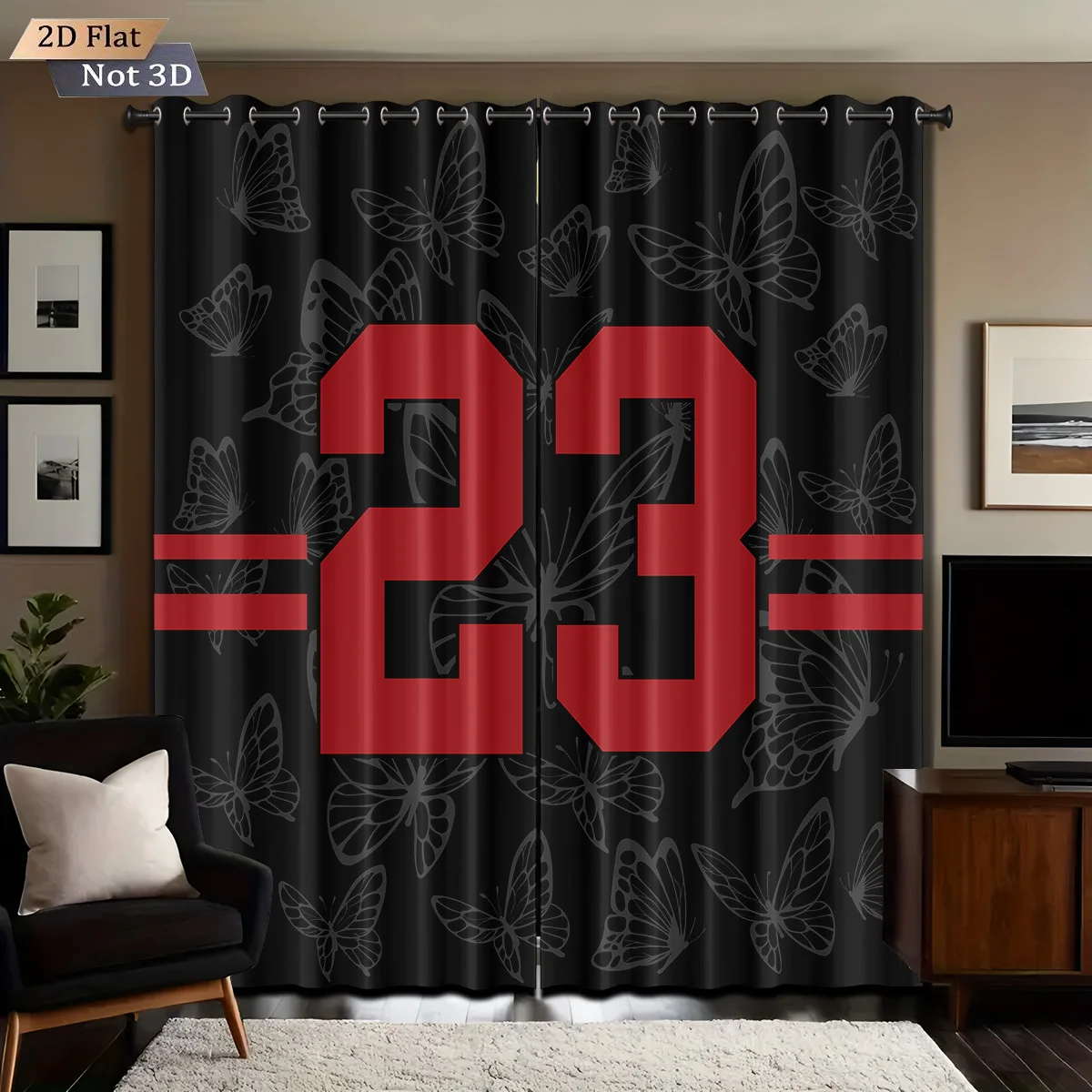 Large Black Butterfly Floral Print Red Number 23 Curtains for Living Room Bedroom Anniversary Celebration Window Drapes