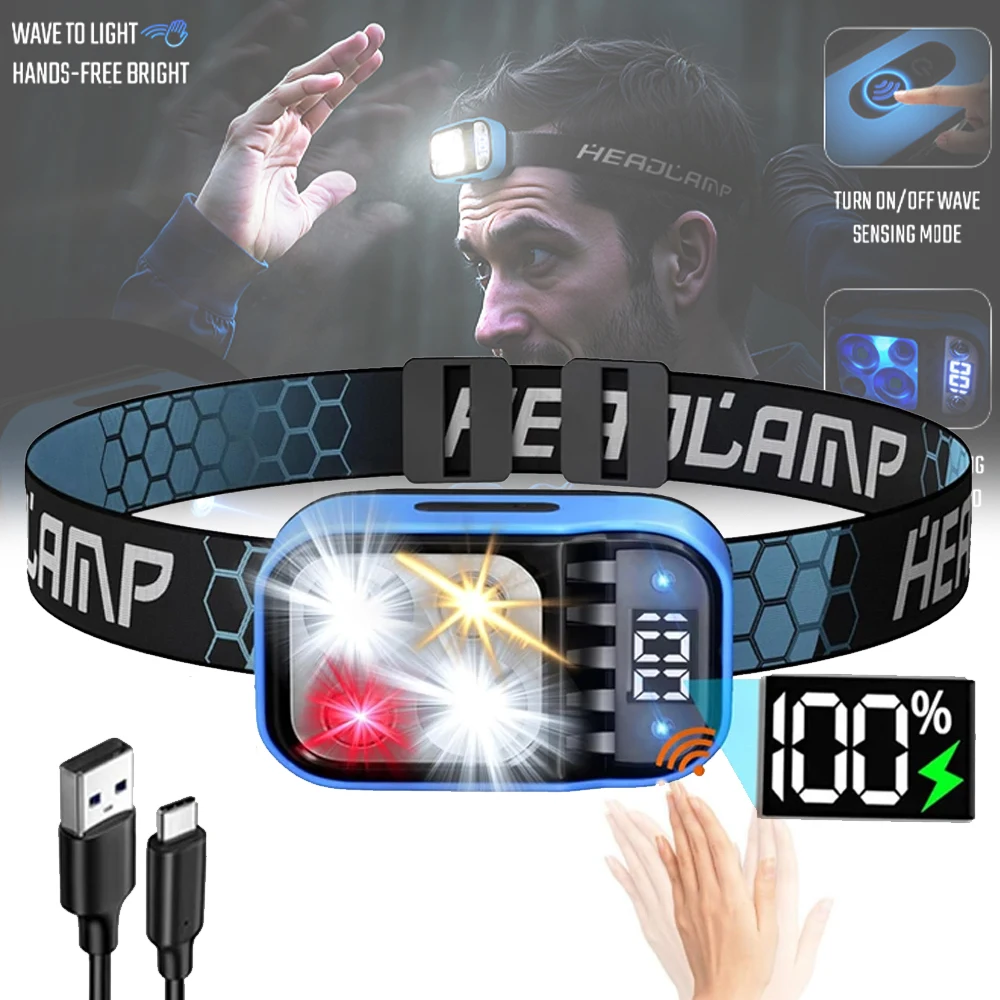 Rechargeable Fishing LED Headlamp With Sensors and Battery Indicator Super Bright Camping Light Using XPG+COB Lamp Beads