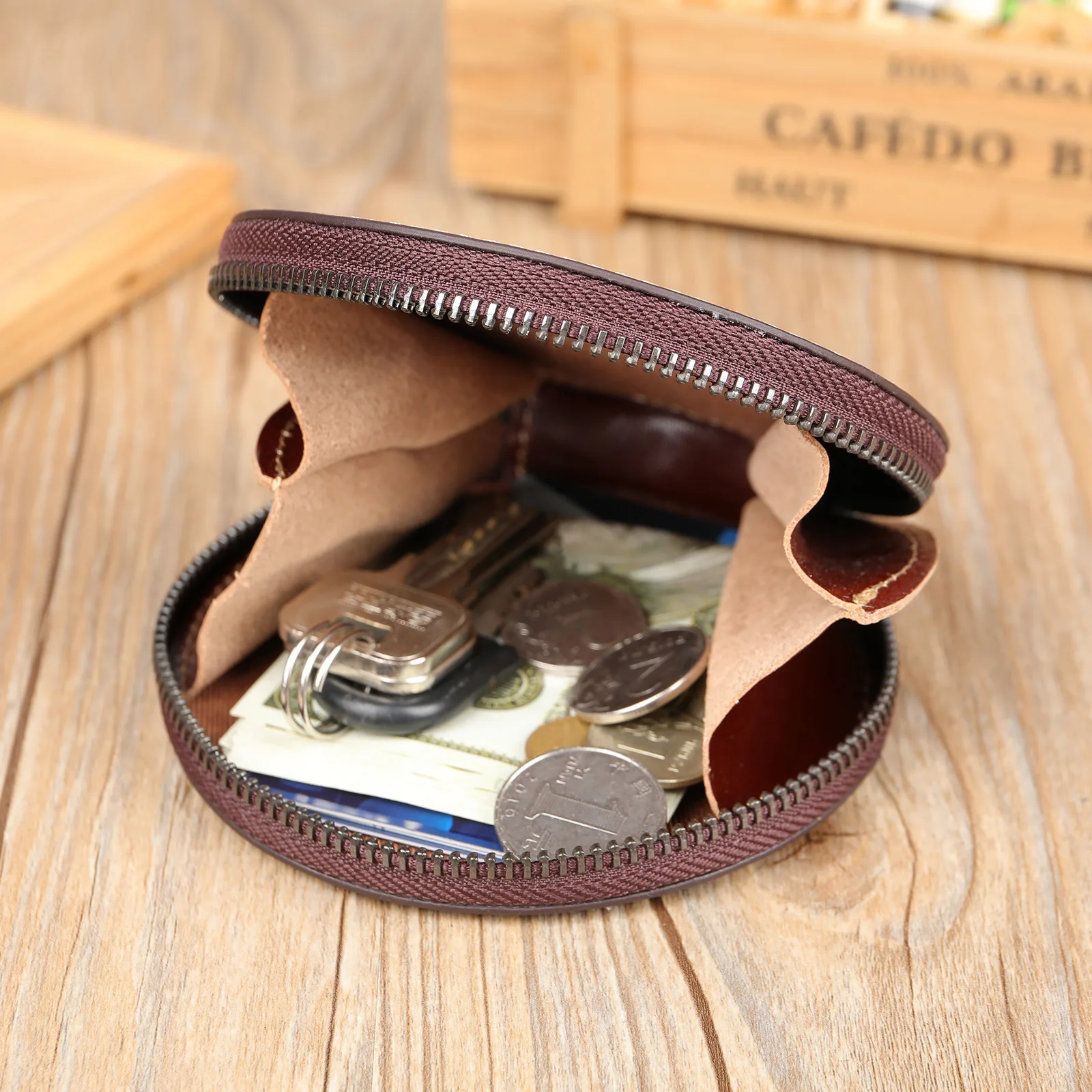 Genuine Leather Coin Pouch Mini Round Wallet with Rope Creative Small Purse