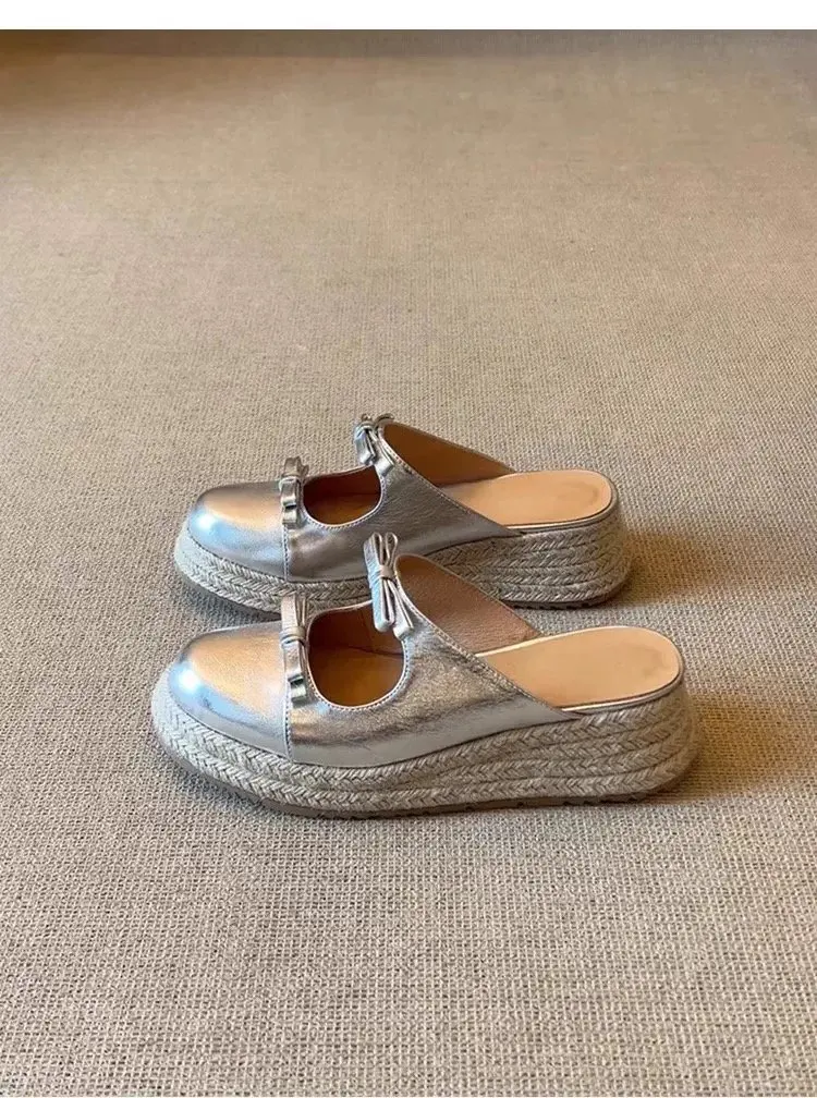 Damen Schleifen-Sandalen mit geschlossener Zehenpartie, Plateau-Espadrille-Keilabsatz, Slipper für den Sommer – Detail 9