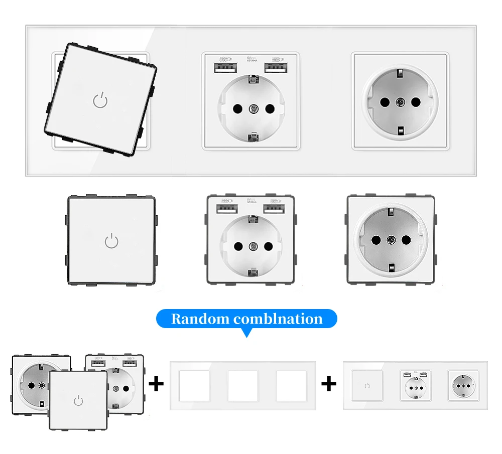 Panel de cristal templado blanco de la UE, interruptor de luz táctil, enchufe de pared Alemán-Francés con interruptor Usb, combinación de módulo RJ45, bricolaje