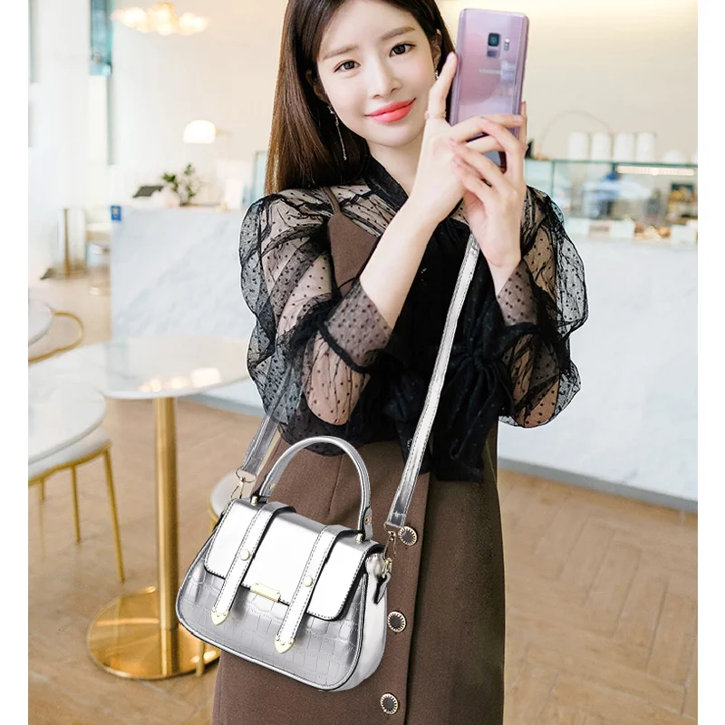 Latest Ladies Satchel Shoulder Bag Vintage Luxury PU Patent Leather Messenger Purse Casual Silver Pocket Small Black Handbag