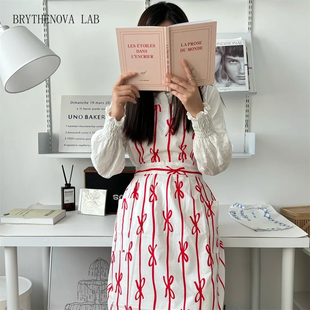 Korean Style Bow Ribbon Printed Apron Small Fresh Cotton Strap Cross Home Apron for Nail Art Coffee Painting