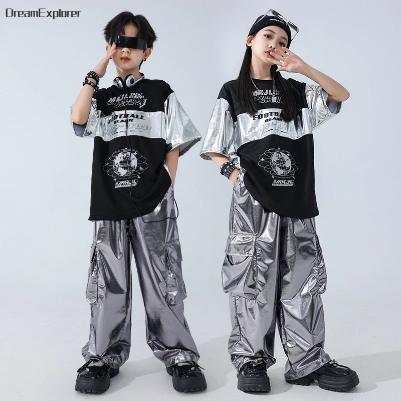 Boys Hip Hop Patchwork T-shirt Silver Street Dance Cargo Pants Girls Sequin Streetwear Kids Jazz Clothes Children Stage Costumes