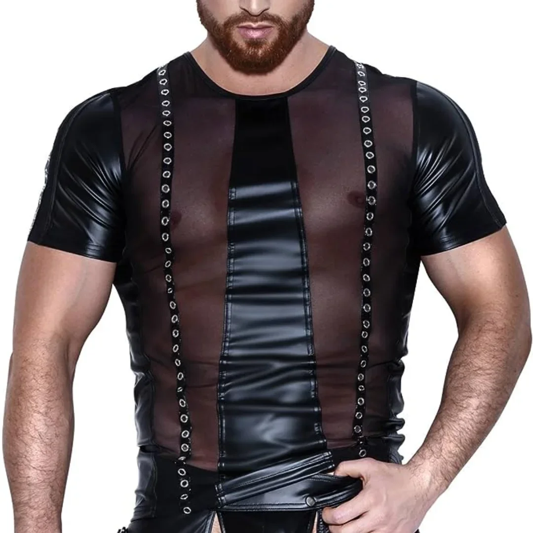 Men Wet Look Shirt with Mesh and Rivets Men Steampunk Wear Tops Tees T-shirts