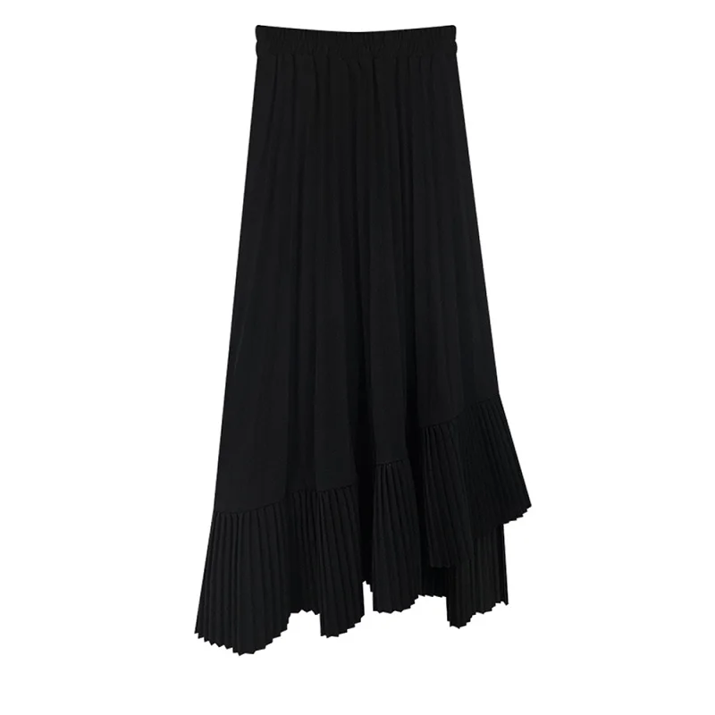 

Vintage Irregular Pleated Skirt Women Ruffles Lining Patchwork Casual Long Skirts Trumpet Saias Mujer Faldas Hem Long Skirt