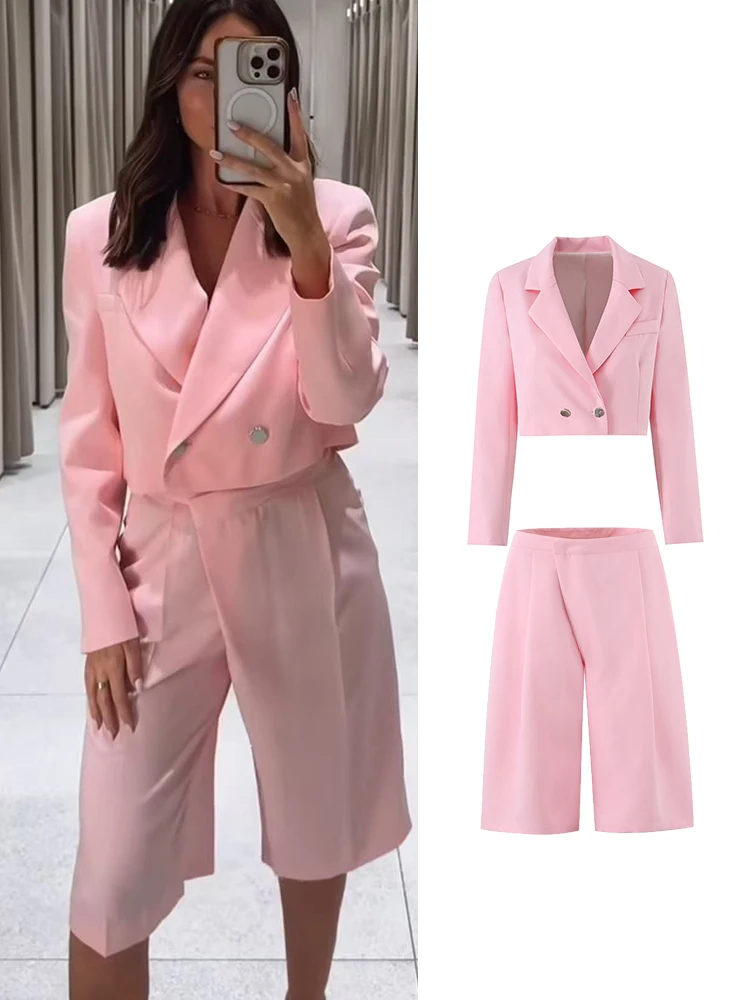 TFMLN TFMLN 2026 Women Pink Short Blazer Set Lapel Double-Breasted Design Suit Coat Commute Short Pant Versatile Elegant Lady Outfits - Aliexpress Deal