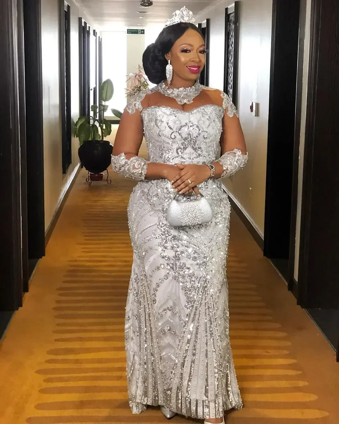 Customized  High Neck Illusion Long Sleeves Mermaid Wedding Dresses Vestido De Noiva Silver Heavy Beads Crystals Bridal Gown
