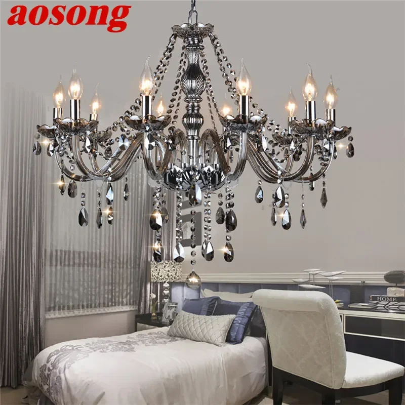 AOSONG European Luxury Crystal Pendent Lamp Smoke Gray Living Room Restaurant Bedroom Villa Hotel Western Restaurant Chandelier