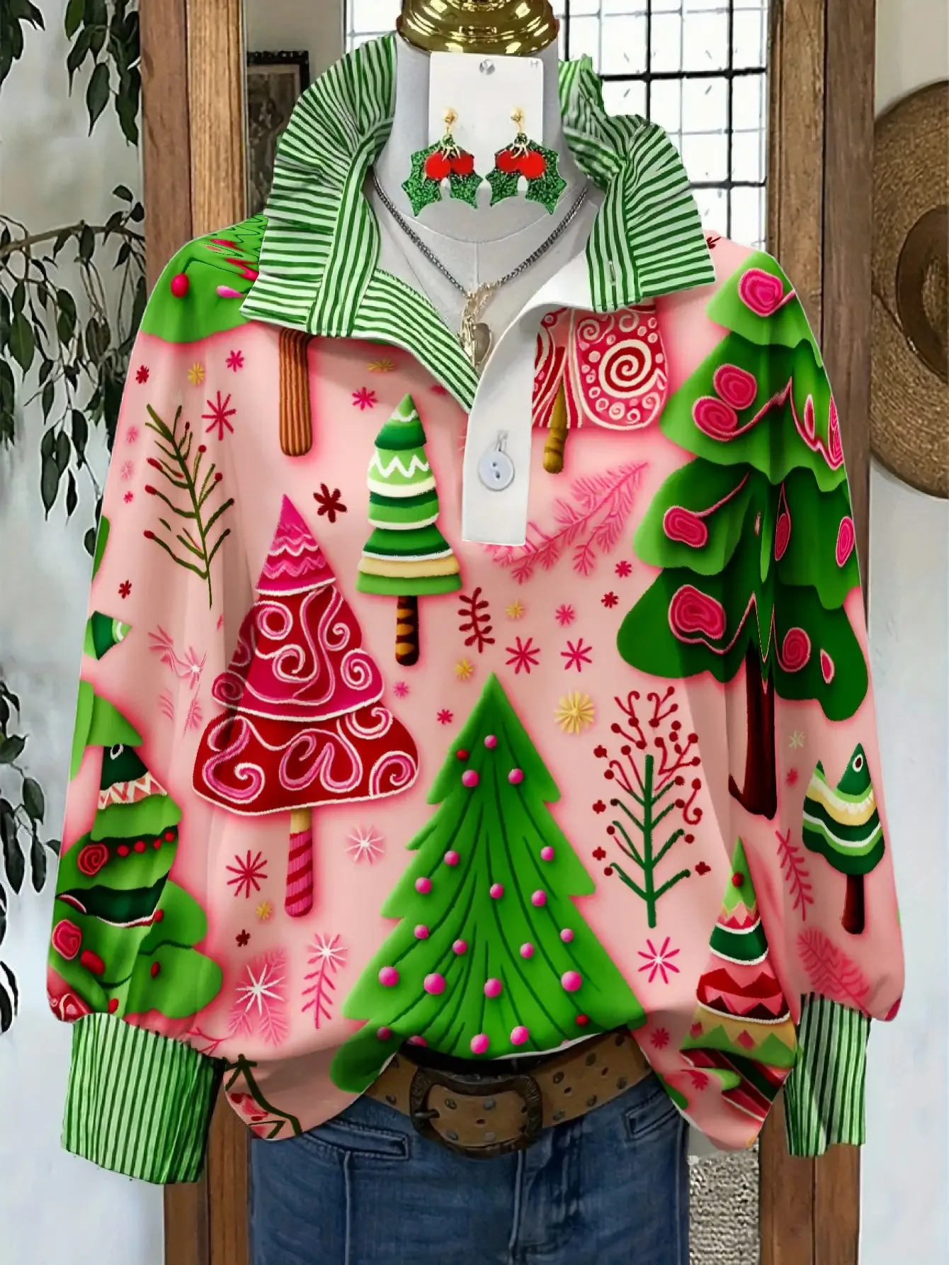 

A spring and autumn winter women's standing collar shirt with long sleeves, creatively printed, Pink green candy painting top