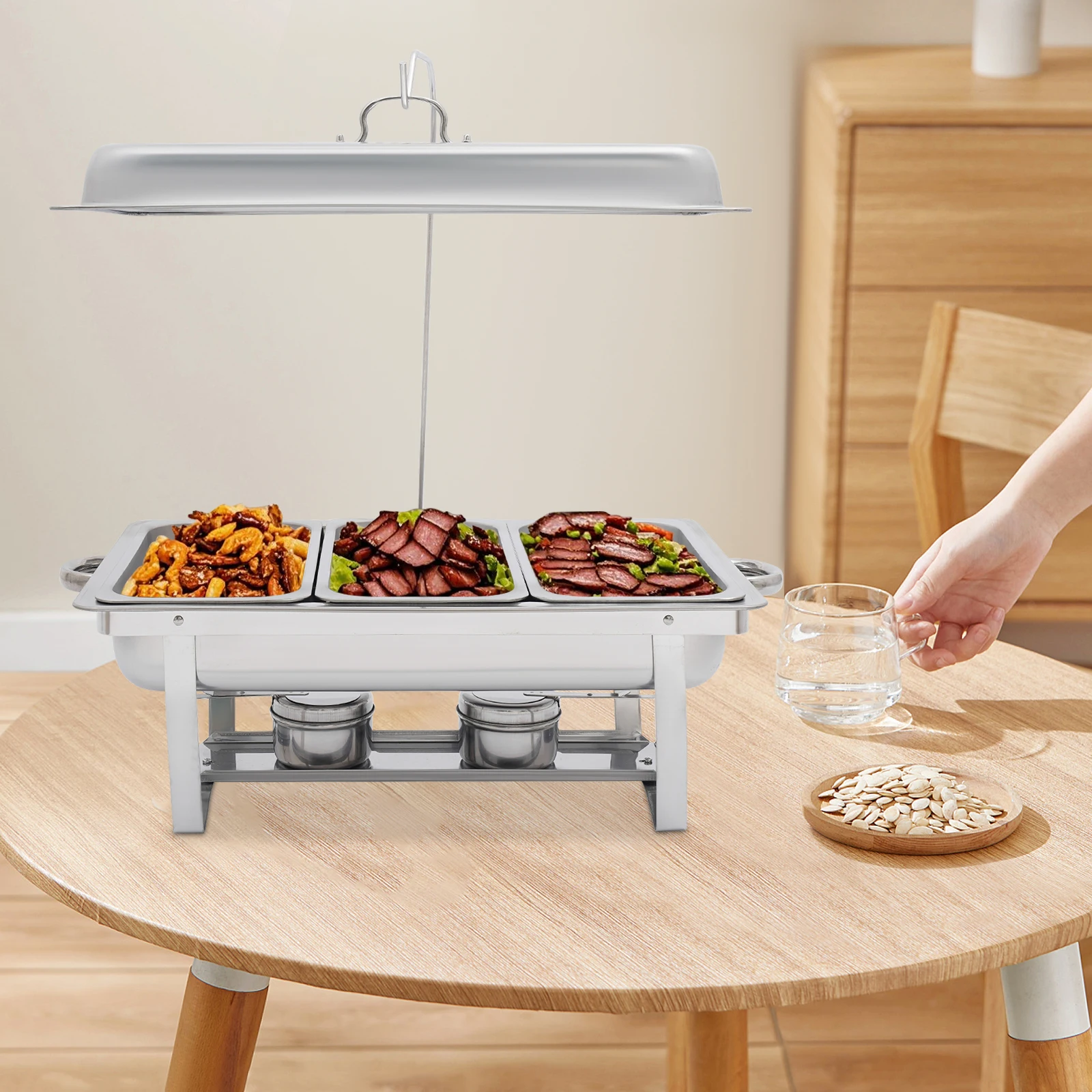 

Подвесная жаровня из нержавеющей стали с квадратной крышкой и 3 отделениями, подогреватель еды 410 со съемными прямоугольными кастрюлями, шведский сервер