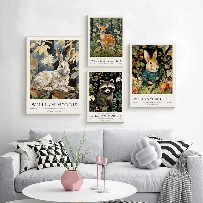 Retro William Morris Animal Exhibition Posters and Prints Canvas Painting Wall Art Sheep Bear Rabbit Picture for Room Home Decor