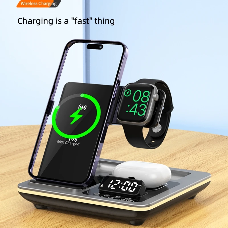 5 in 1 Warm Light Wireless Charger Dock Fast Charging Station for Apple Airpods iWatch iPhone 12 13 14 15 16 17 with Alarm clock - view 2